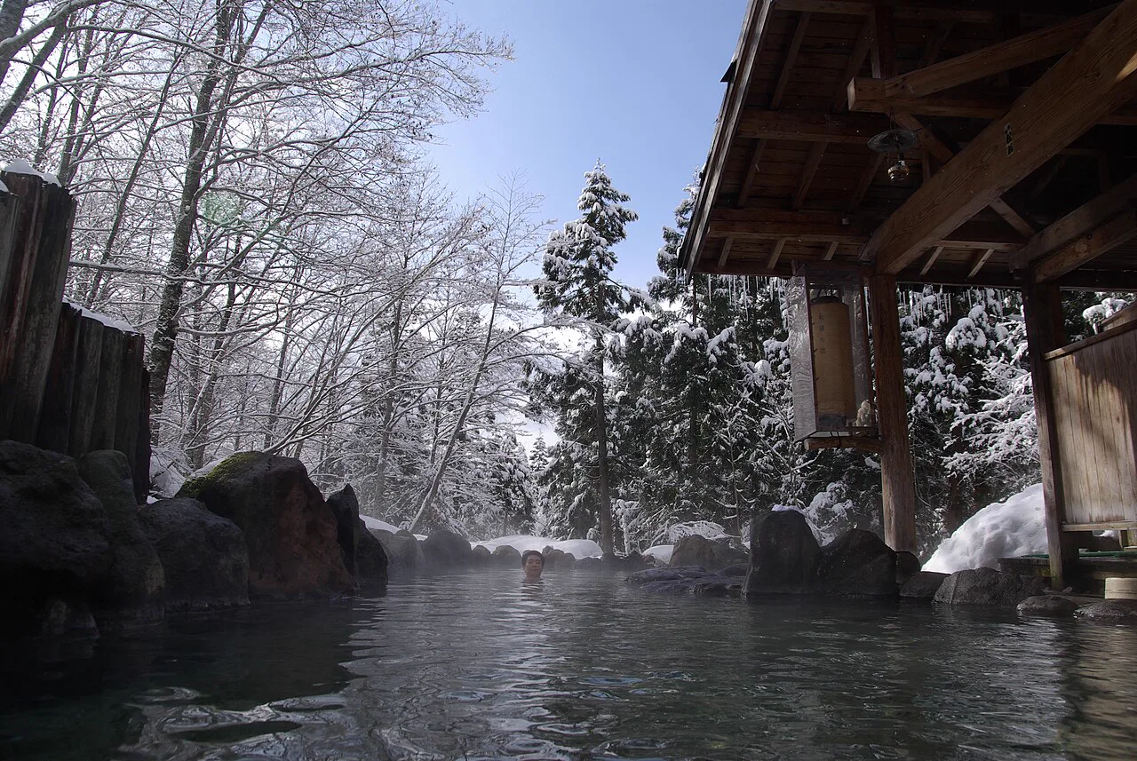 乳頭溫泉鄉蟹場溫泉雪地中的混浴森林露天浴池