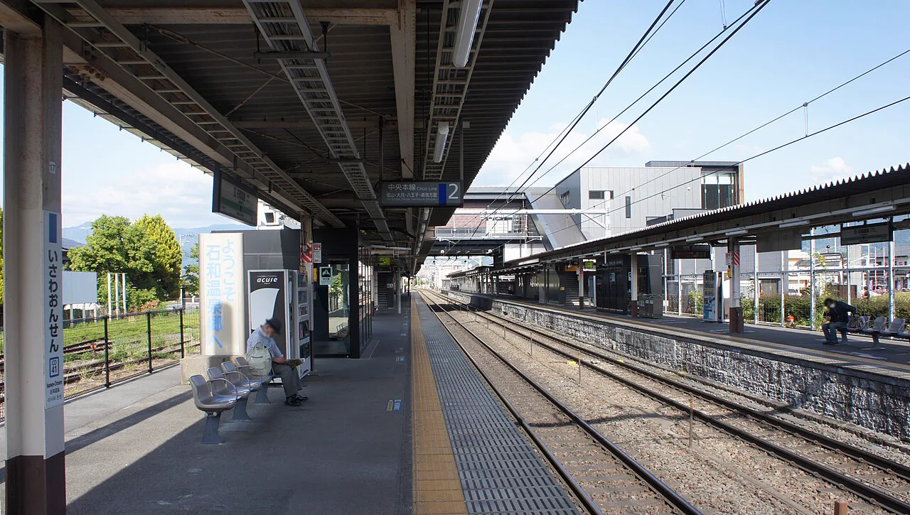JR石和溫泉站中央本線月台,無車旅客可由此步行前往(シャトレーゼホテル)石和