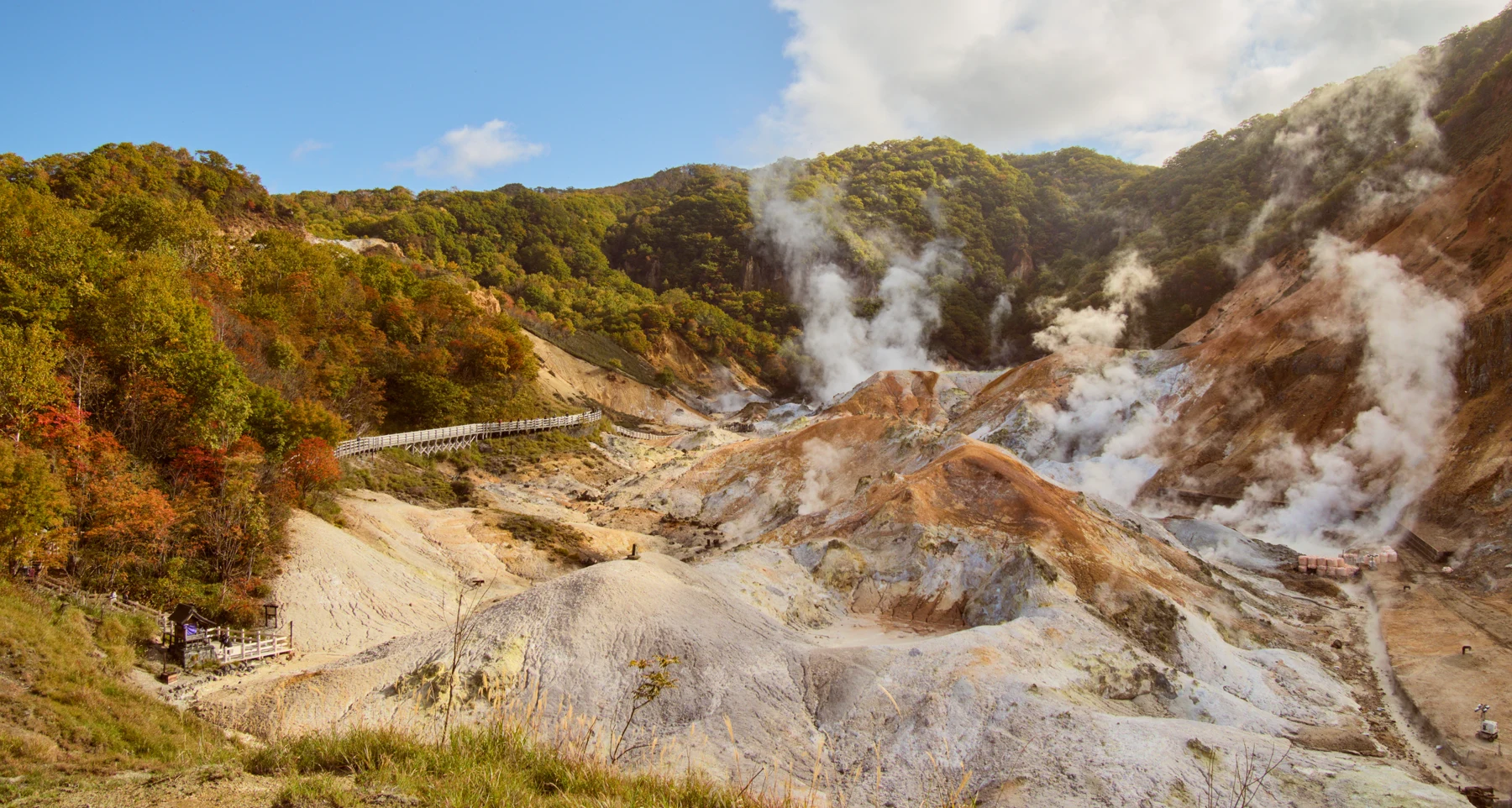 登別地獄谷的火山谷地、噴氣孔與木步道,周邊林木呈現秋色